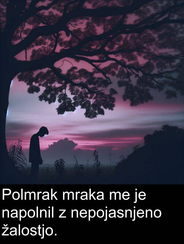 žalostjo: Polmrak mraka me je napolnil z nepojasnjeno žalostjo.