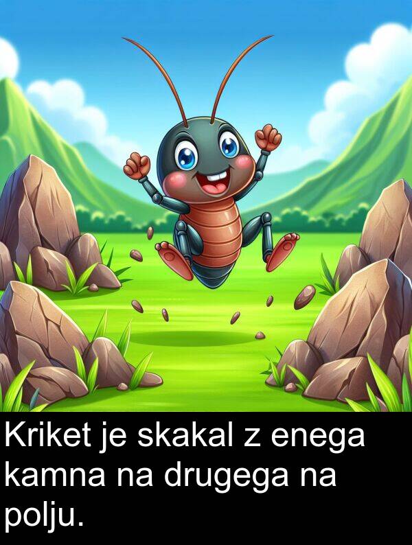 kamna: Kriket je skakal z enega kamna na drugega na polju.