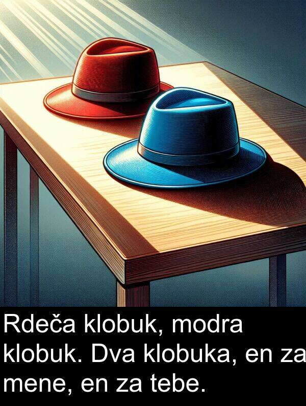 klobuka: Rdeča klobuk, modra klobuk. Dva klobuka, en za mene, en za tebe.