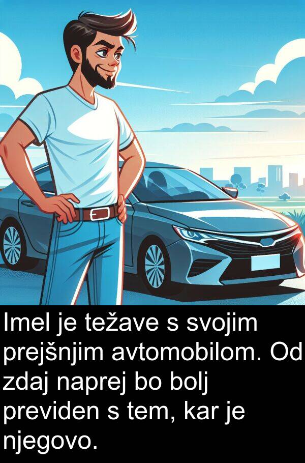 bolj: Imel je težave s svojim prejšnjim avtomobilom. Od zdaj naprej bo bolj previden s tem, kar je njegovo.