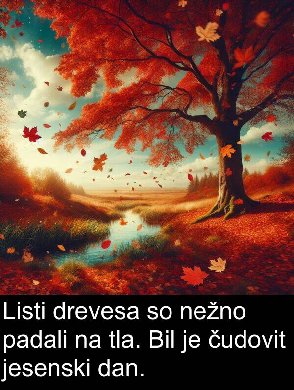 padali: Listi drevesa so nežno padali na tla. Bil je čudovit jesenski dan.