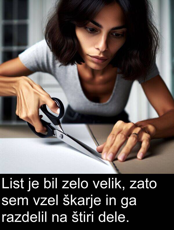 škarje: List je bil zelo velik, zato sem vzel škarje in ga razdelil na štiri dele.