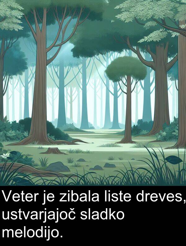 melodijo: Veter je zibala liste dreves, ustvarjajoč sladko melodijo.