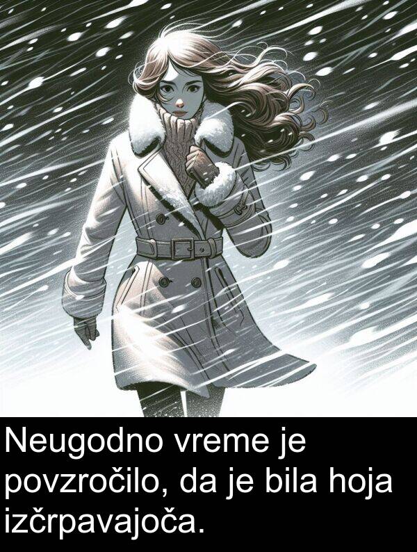 povzročilo: Neugodno vreme je povzročilo, da je bila hoja izčrpavajoča.