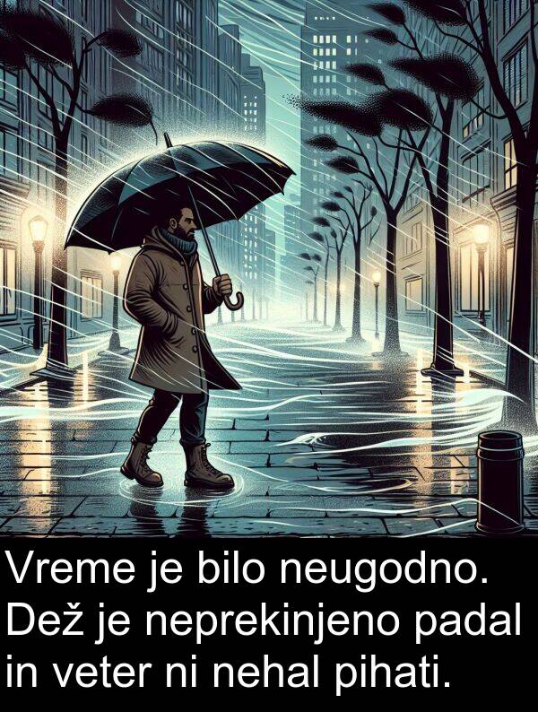 padal: Vreme je bilo neugodno. Dež je neprekinjeno padal in veter ni nehal pihati.