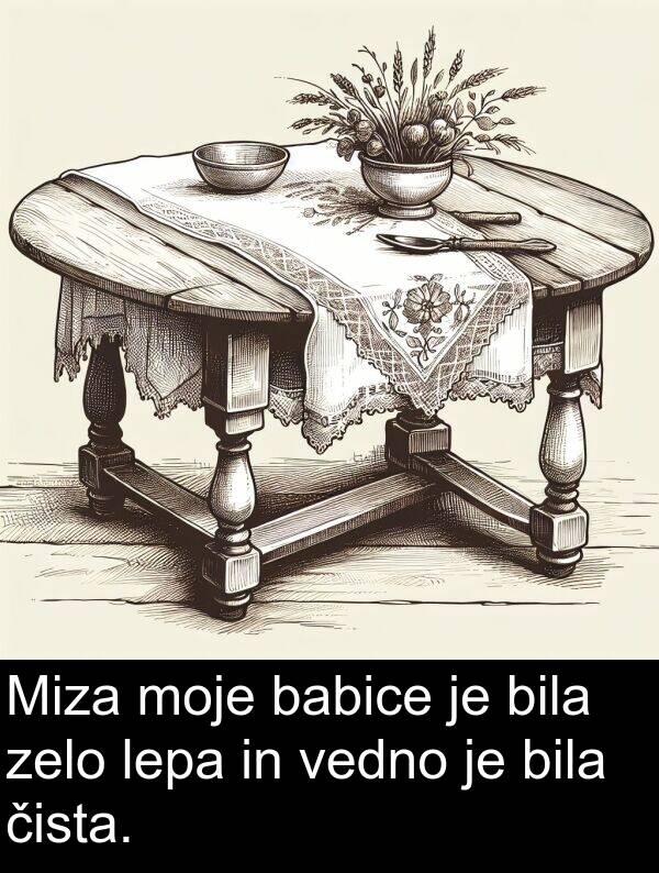 babice: Miza moje babice je bila zelo lepa in vedno je bila čista.