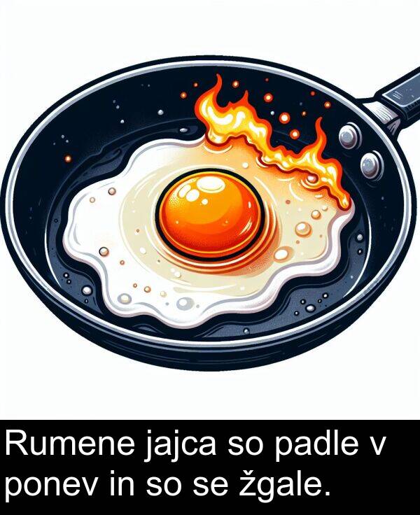 žgale: Rumene jajca so padle v ponev in so se žgale.