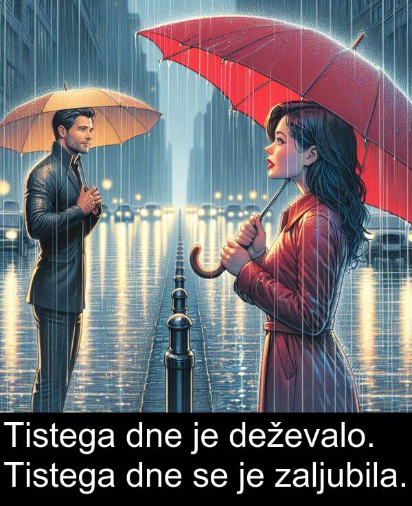 zaljubila: Tistega dne je deževalo. Tistega dne se je zaljubila.