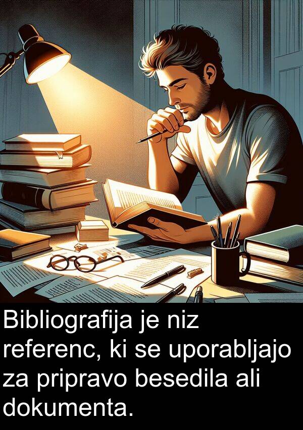 besedila: Bibliografija je niz referenc, ki se uporabljajo za pripravo besedila ali dokumenta.