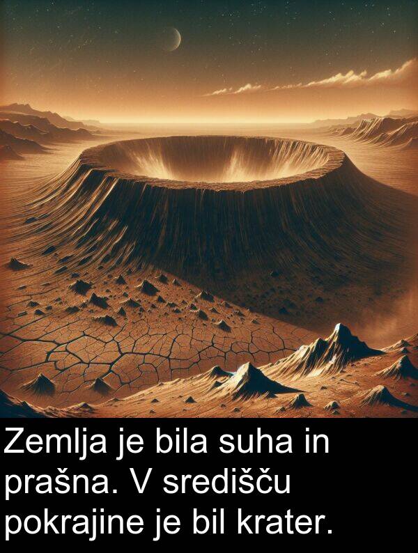 suha: Zemlja je bila suha in prašna. V središču pokrajine je bil krater.