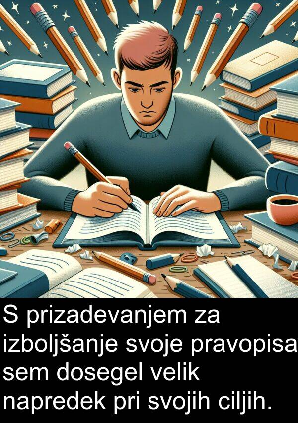 ciljih: S prizadevanjem za izboljšanje svoje pravopisa sem dosegel velik napredek pri svojih ciljih.