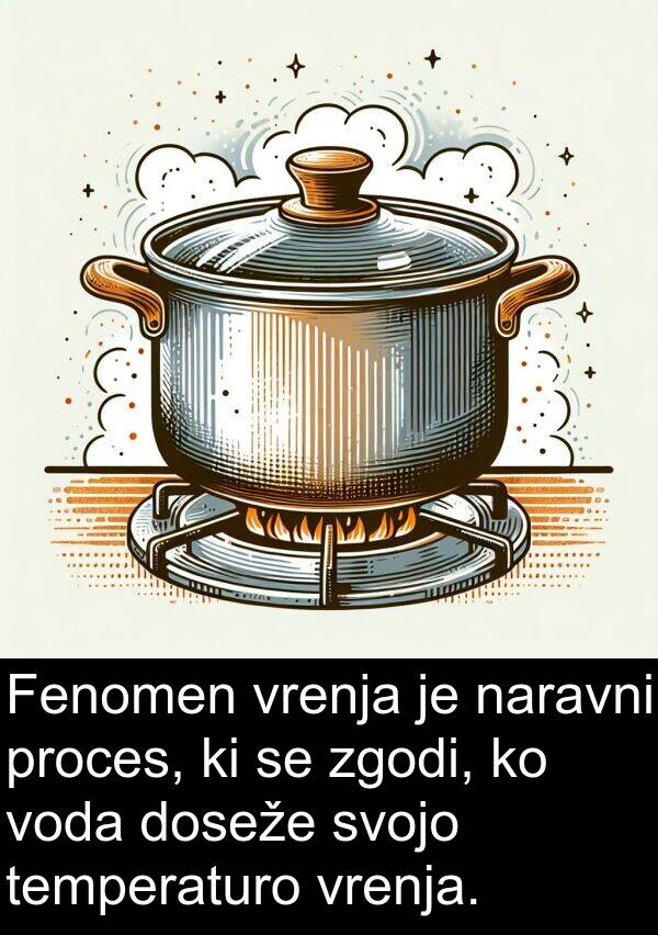 proces: Fenomen vrenja je naravni proces, ki se zgodi, ko voda doseže svojo temperaturo vrenja.