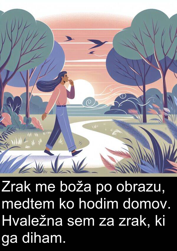 obrazu: Zrak me boža po obrazu, medtem ko hodim domov. Hvaležna sem za zrak, ki ga diham.