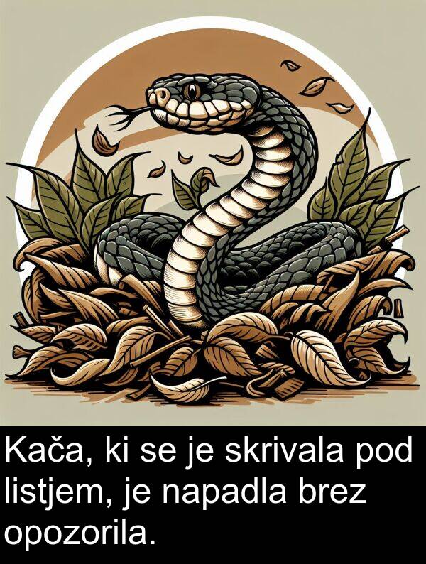 napadla: Kača, ki se je skrivala pod listjem, je napadla brez opozorila.
