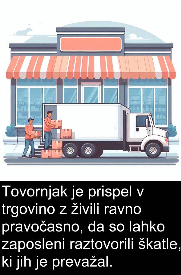 škatle: Tovornjak je prispel v trgovino z živili ravno pravočasno, da so lahko zaposleni raztovorili škatle, ki jih je prevažal.