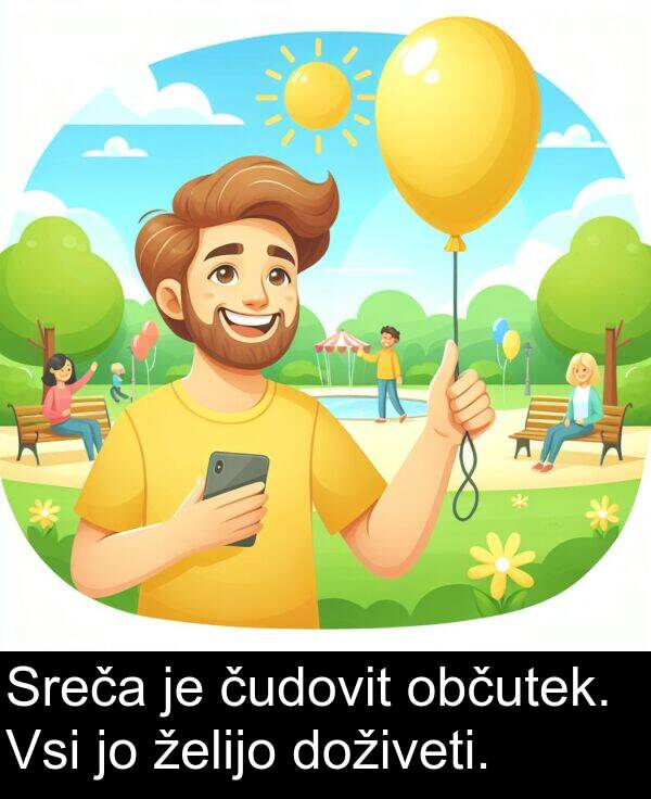 občutek: Sreča je čudovit občutek. Vsi jo želijo doživeti.