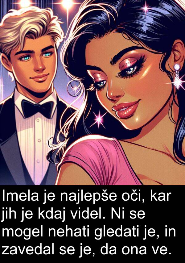 mogel: Imela je najlepše oči, kar jih je kdaj videl. Ni se mogel nehati gledati je, in zavedal se je, da ona ve.