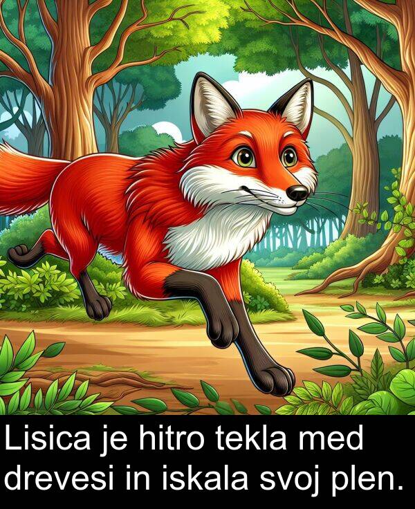 tekla: Lisica je hitro tekla med drevesi in iskala svoj plen.