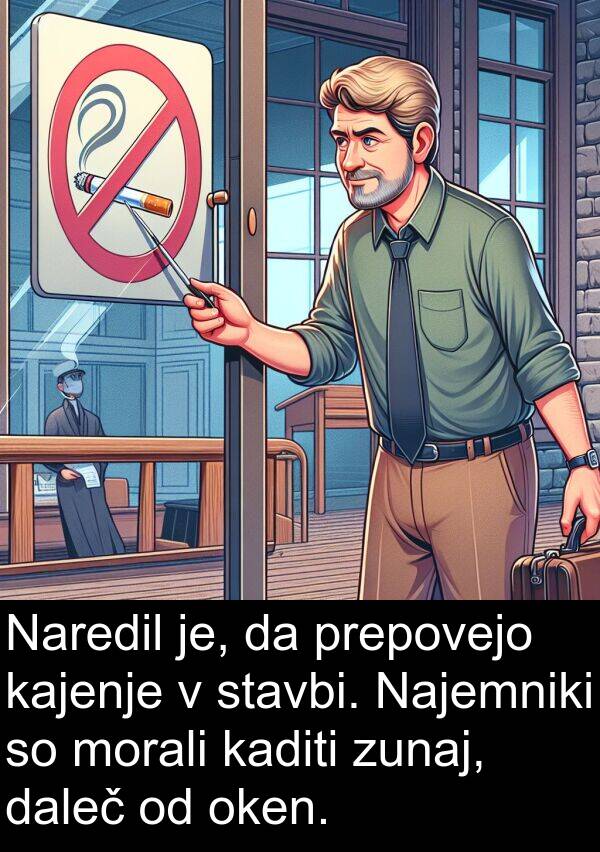 kajenje: Naredil je, da prepovejo kajenje v stavbi. Najemniki so morali kaditi zunaj, daleč od oken.