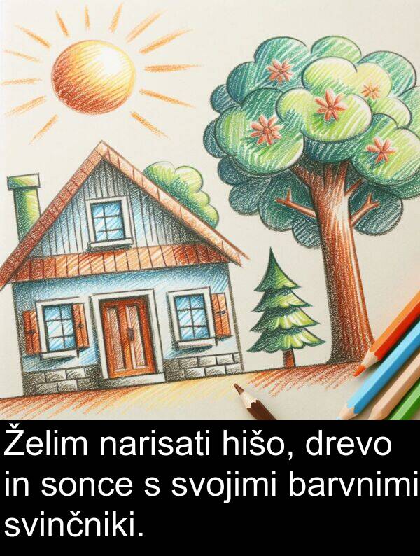 sonce: Želim narisati hišo, drevo in sonce s svojimi barvnimi svinčniki.