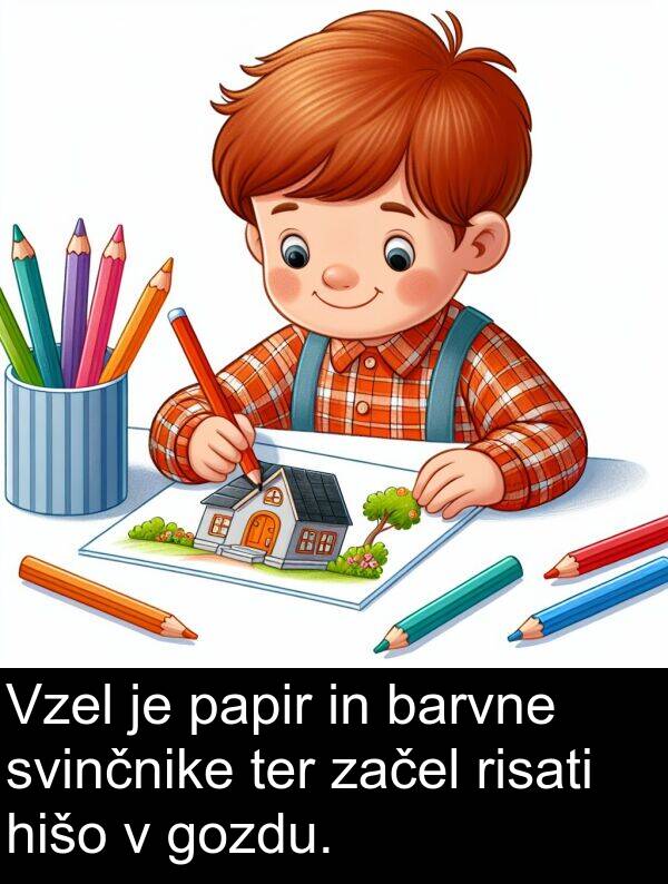 hišo: Vzel je papir in barvne svinčnike ter začel risati hišo v gozdu.