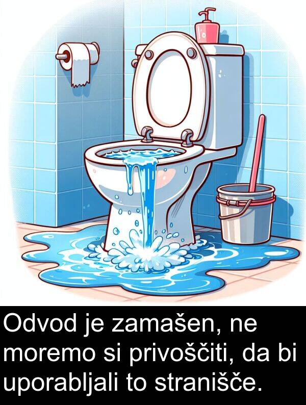 privoščiti: Odvod je zamašen, ne moremo si privoščiti, da bi uporabljali to stranišče.