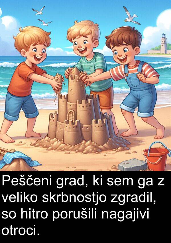 nagajivi: Peščeni grad, ki sem ga z veliko skrbnostjo zgradil, so hitro porušili nagajivi otroci.