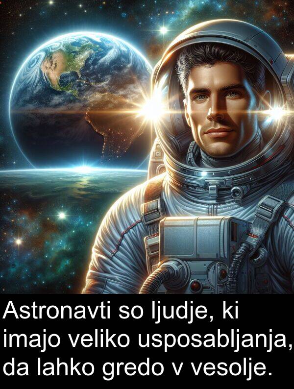 gredo: Astronavti so ljudje, ki imajo veliko usposabljanja, da lahko gredo v vesolje.