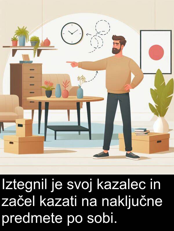 naključne: Iztegnil je svoj kazalec in začel kazati na naključne predmete po sobi.