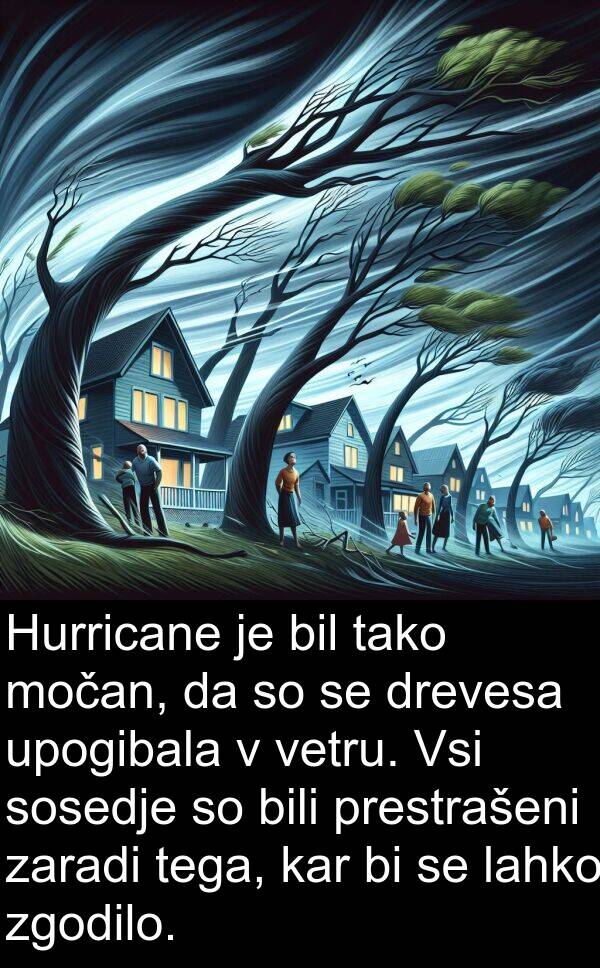 tega: Hurricane je bil tako močan, da so se drevesa upogibala v vetru. Vsi sosedje so bili prestrašeni zaradi tega, kar bi se lahko zgodilo.