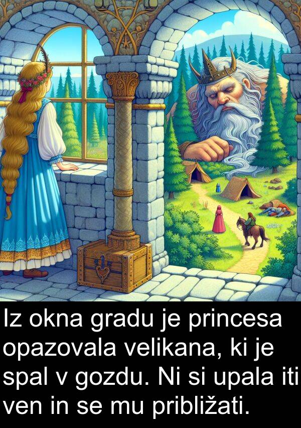 opazovala: Iz okna gradu je princesa opazovala velikana, ki je spal v gozdu. Ni si upala iti ven in se mu približati.
