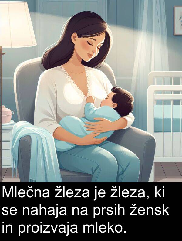 žleza: Mlečna žleza je žleza, ki se nahaja na prsih žensk in proizvaja mleko.