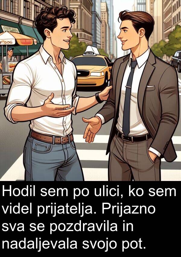 nadaljevala: Hodil sem po ulici, ko sem videl prijatelja. Prijazno sva se pozdravila in nadaljevala svojo pot.
