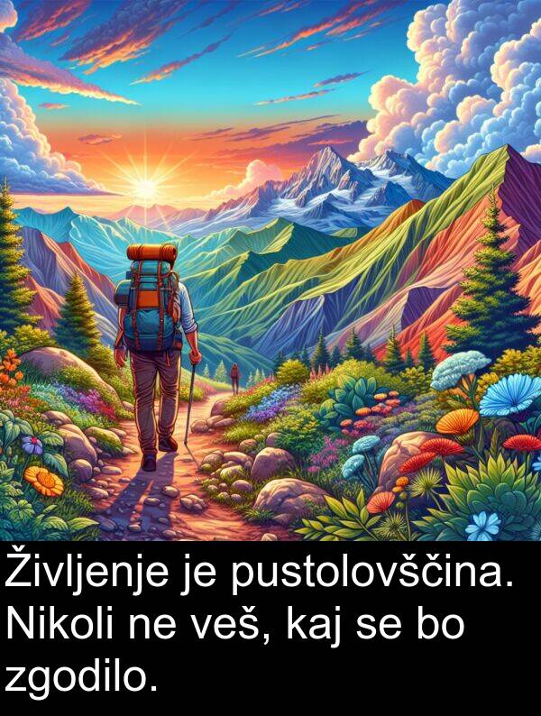 kaj: Življenje je pustolovščina. Nikoli ne veš, kaj se bo zgodilo.