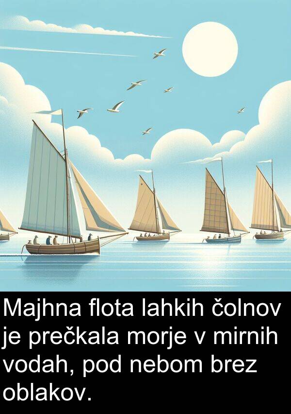 lahkih: Majhna flota lahkih čolnov je prečkala morje v mirnih vodah, pod nebom brez oblakov.