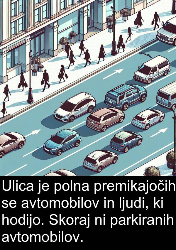 parkiranih: Ulica je polna premikajočih se avtomobilov in ljudi, ki hodijo. Skoraj ni parkiranih avtomobilov.