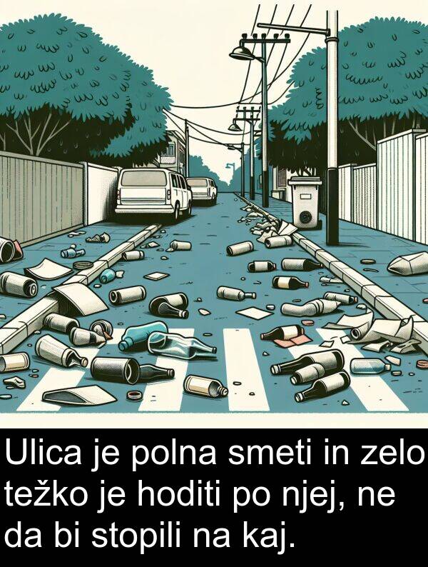 kaj: Ulica je polna smeti in zelo težko je hoditi po njej, ne da bi stopili na kaj.