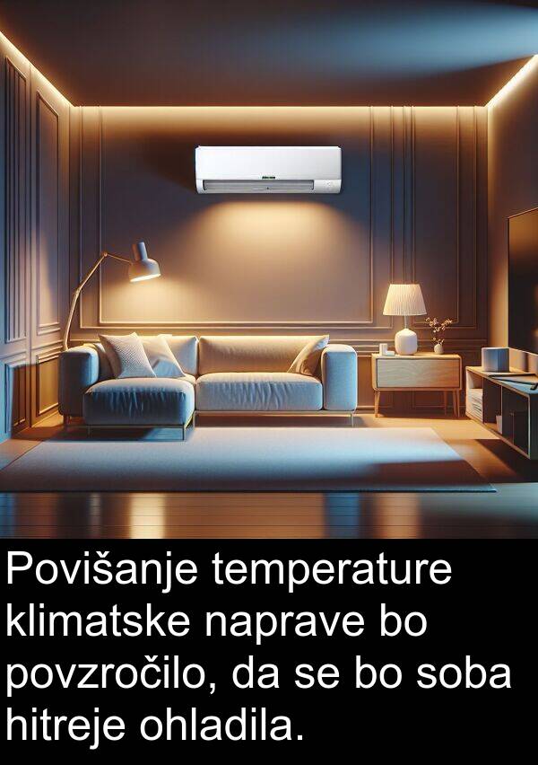 hitreje: Povišanje temperature klimatske naprave bo povzročilo, da se bo soba hitreje ohladila.