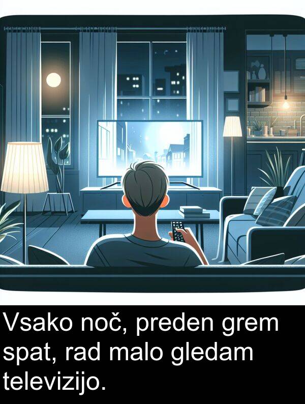 malo: Vsako noč, preden grem spat, rad malo gledam televizijo.
