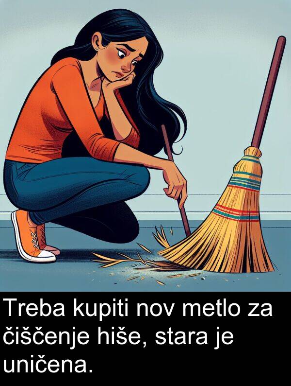 hiše: Treba kupiti nov metlo za čiščenje hiše, stara je uničena.