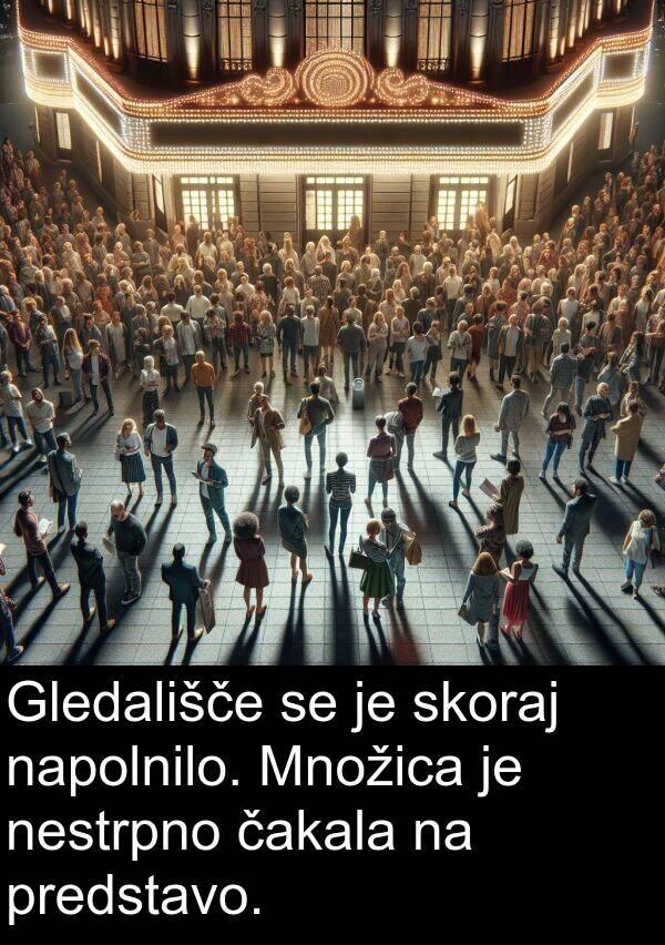 napolnilo: Gledališče se je skoraj napolnilo. Množica je nestrpno čakala na predstavo.