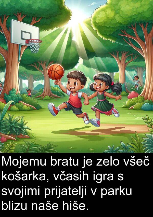 hiše: Mojemu bratu je zelo všeč košarka, včasih igra s svojimi prijatelji v parku blizu naše hiše.