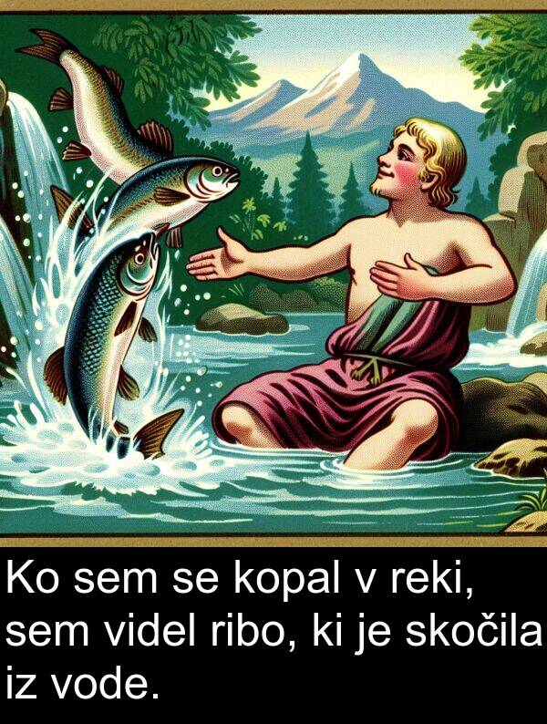 reki: Ko sem se kopal v reki, sem videl ribo, ki je skočila iz vode.