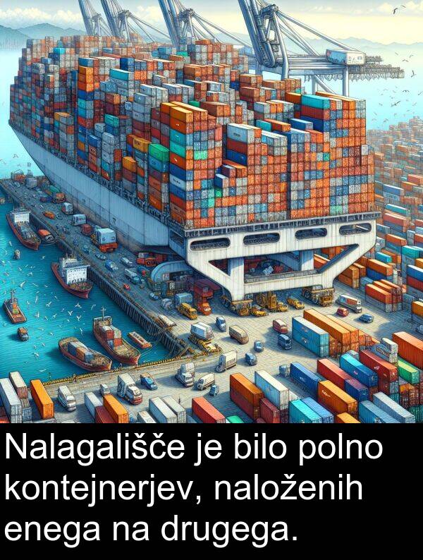 naloženih: Nalagališče je bilo polno kontejnerjev, naloženih enega na drugega.