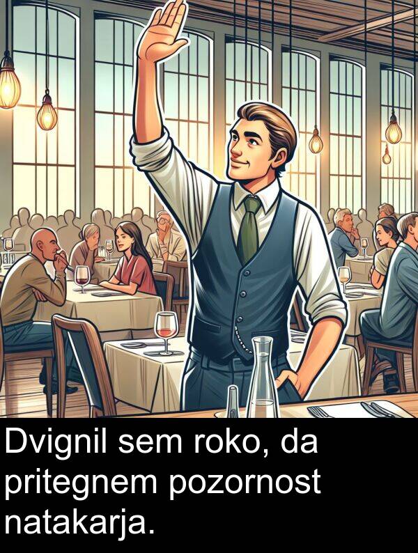 pritegnem: Dvignil sem roko, da pritegnem pozornost natakarja.