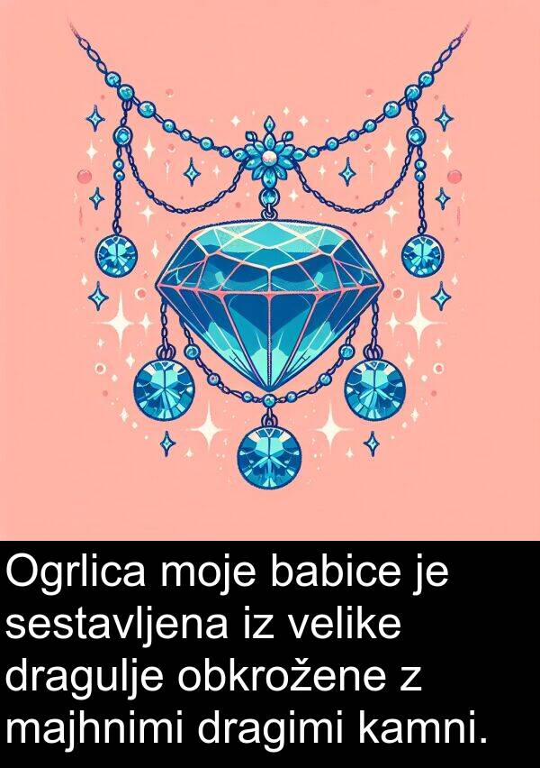 majhnimi: Ogrlica moje babice je sestavljena iz velike dragulje obkrožene z majhnimi dragimi kamni.