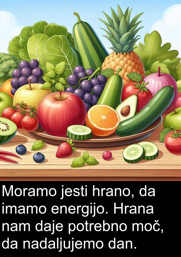 nadaljujemo: Moramo jesti hrano, da imamo energijo. Hrana nam daje potrebno moč, da nadaljujemo dan.