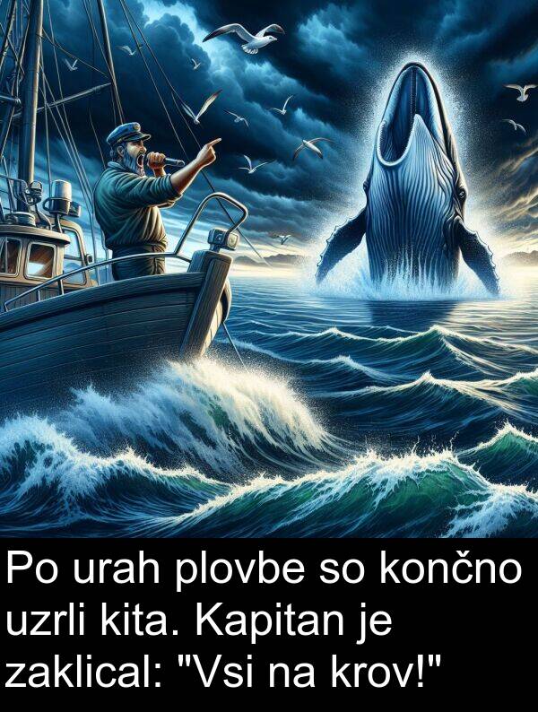 končno: Po urah plovbe so končno uzrli kita. Kapitan je zaklical: "Vsi na krov!"
