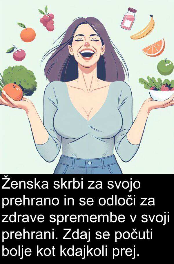 spremembe: Ženska skrbi za svojo prehrano in se odloči za zdrave spremembe v svoji prehrani. Zdaj se počuti bolje kot kdajkoli prej.