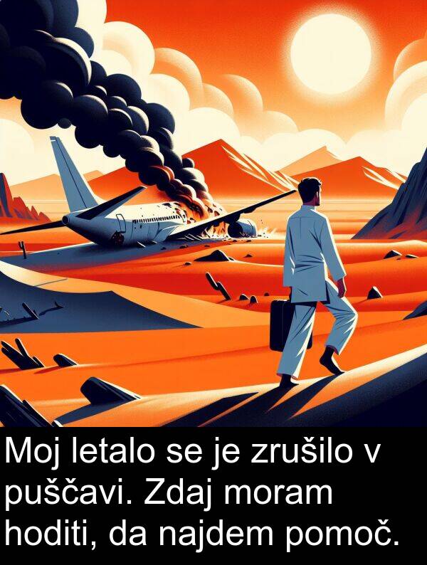 moram: Moj letalo se je zrušilo v puščavi. Zdaj moram hoditi, da najdem pomoč.